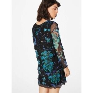 Desigual black floral tunic dress mesh sleeves green blue details size medium